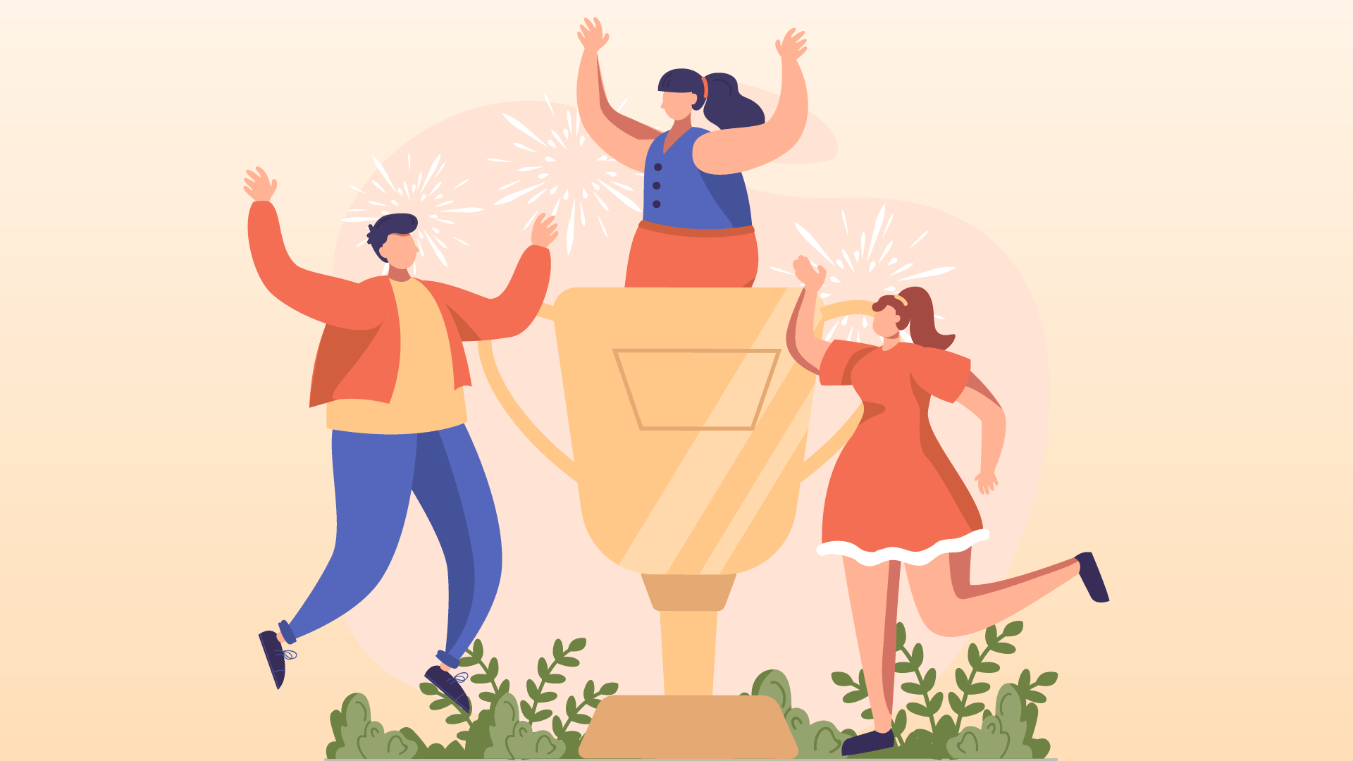 Illustration of three people celebrating a win, in front of a large trophy