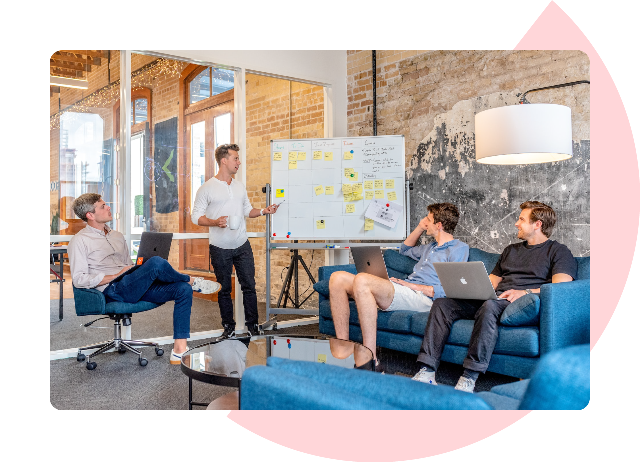 Three man are sat around a whiteboard while a fourth man stands in front of them presenting. Two of the seated men are on a blue sofa. The third is on an office chair. The whiteboard is covered in post-it notes, words and simple illustrations. The room they are in has exposed brick walls.