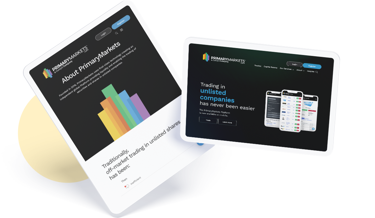 Image of the Primary Markets website displayed inside two generic tablet devices.