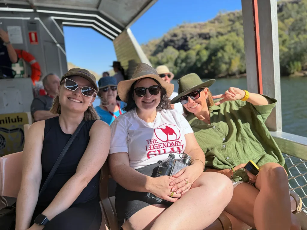 Rebeka Hall, Kristen Bawden, and Lindsey McHugh sat together on a boat trip through the Nitmiluk Gorge.