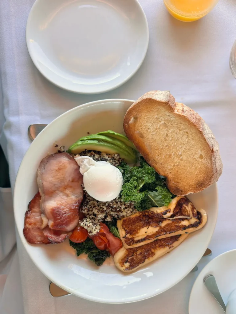 Overhead shot of a delicious cooked breakfast served on the Ghan train