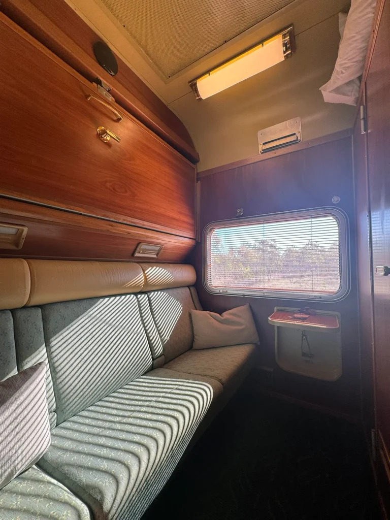 Interior view of a Gold Class cabin on The Ghan train