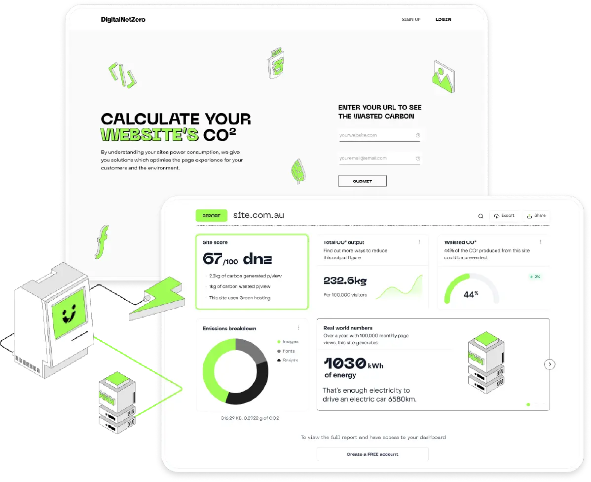 DigitalNetZero website mockup - calculate your website's CO2