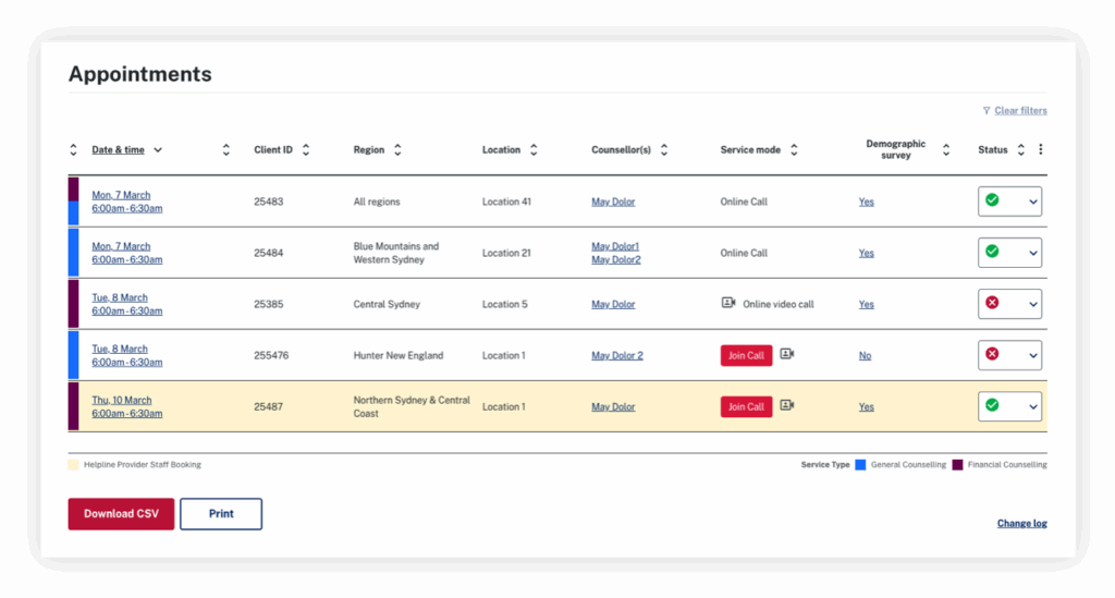 ORG GambleAware Booking Portal appointments view