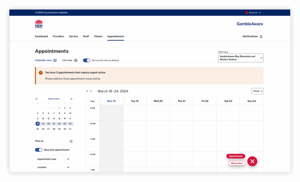 ORG GambleAware Booking Portal Calendar view