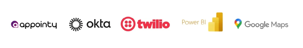 Appointy, okta, twilio, PowerBI and Google Maps logos