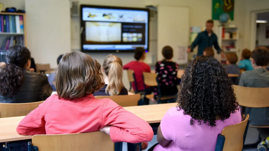 View from the back a classroom. The backs of many young children are visible, and out of focus is a teacher in front of an interactive whiteboard.