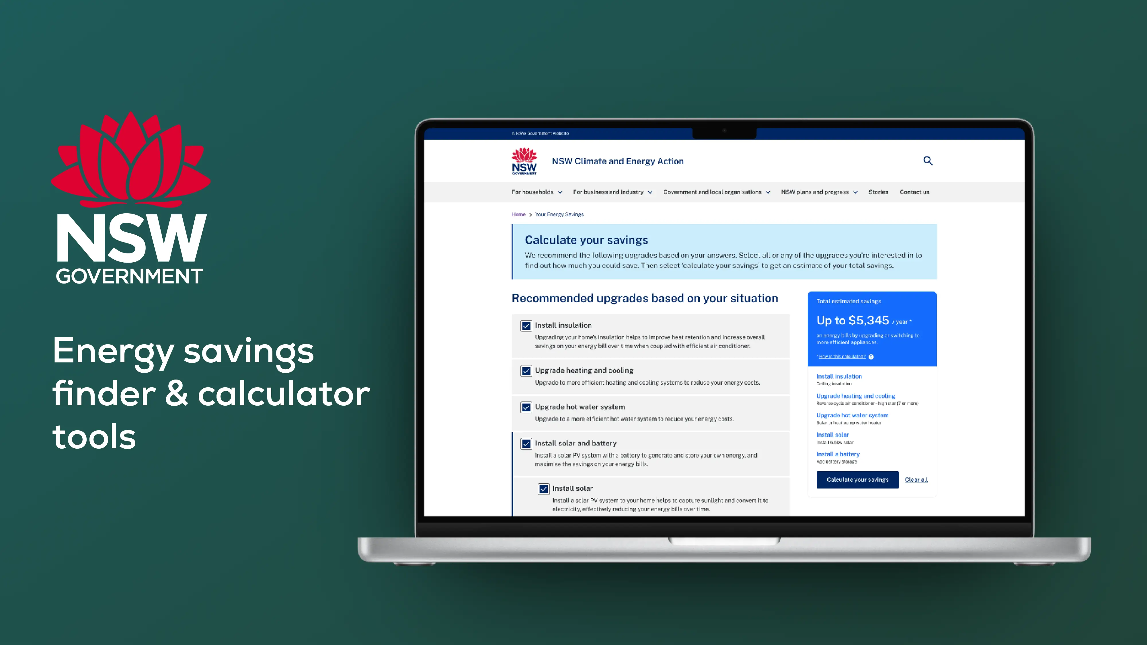 NSW Government energy savings finder website displayed on a laptop screen.