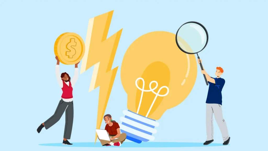 Illustration of a man and two women searching for energy savings.