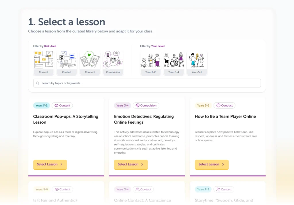 Step 1 of the eSmart lesson adaptation tool - Select a lesson.